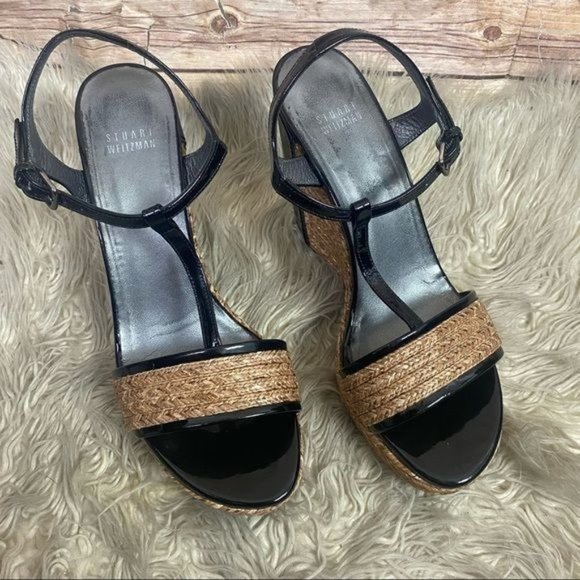 Stuart Weitzman | Natural Straw Espadrille Patent Leather Wedge Platform Sandals - Picture 4 of 11